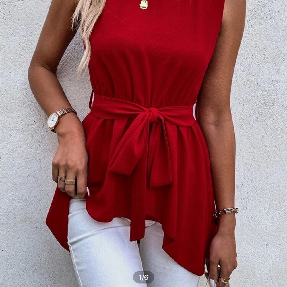 Asymmetrical Hem Belted Blouse
